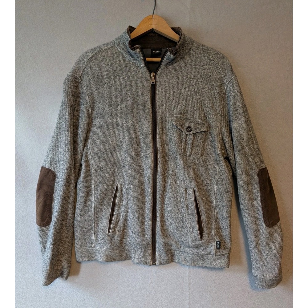 HUGO BOSS Men's Gray‎ Full Zip Jacket Lined Elbow Patch 100% Cotton Designer Med